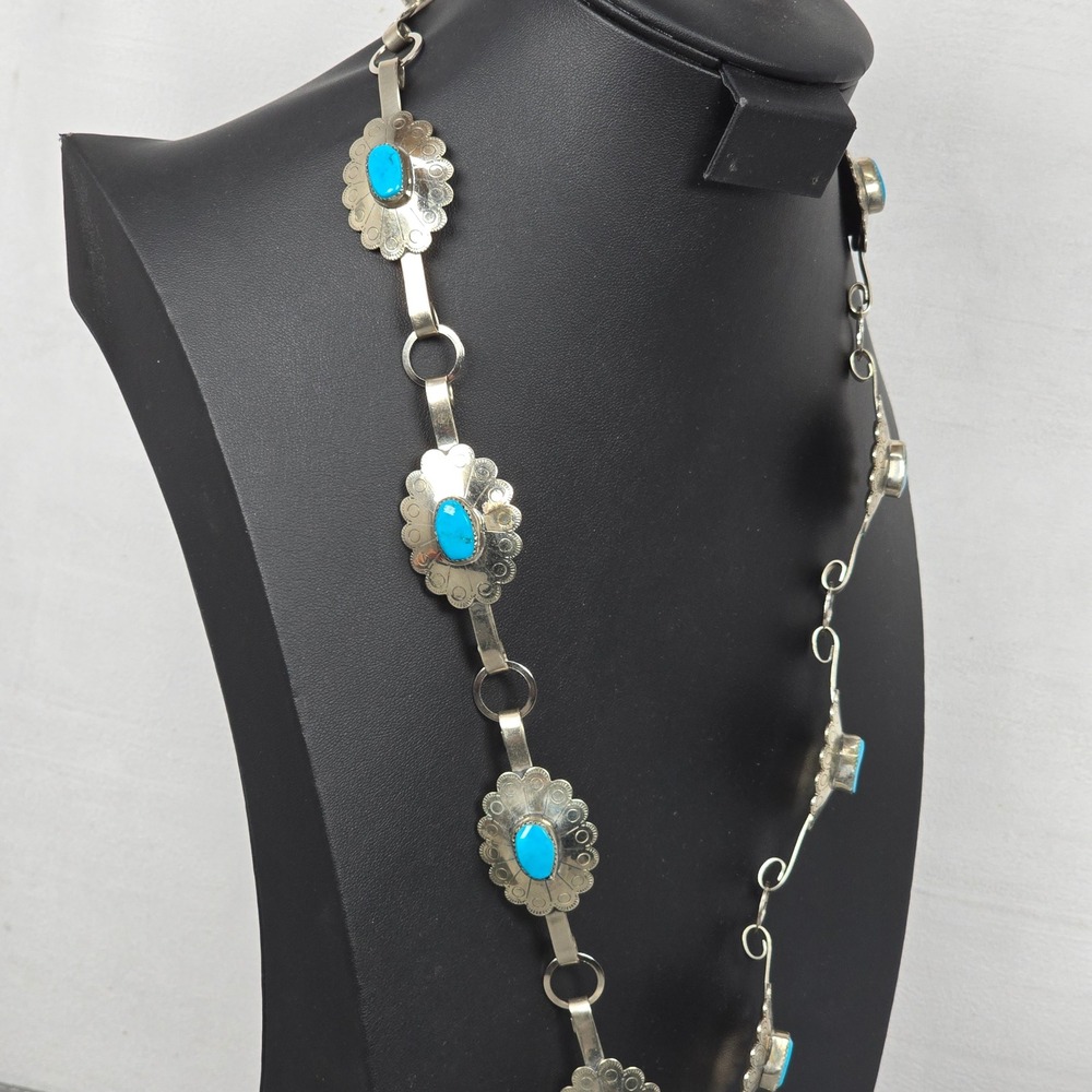 Vintage Southwestern Turquoise Concho Belt Necklace Silver Tone Stamped Metal